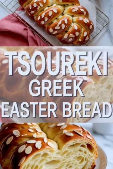 Vertical collage presents braided tsoureki loaf on a cooling rack at the top and a detailed crumb shot at the bottom, with bold text overlay that reads “Tsoureki Greek Easter Bread.”