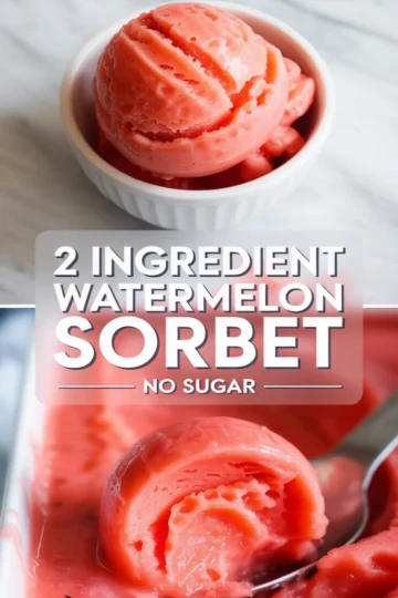 Vertical collage featuring a scoop of watermelon sorbet in a white bowl on top and a partially scooped rectangular dish of blended sorbet on the bottom, both showcasing the smooth texture and pastel pink color.