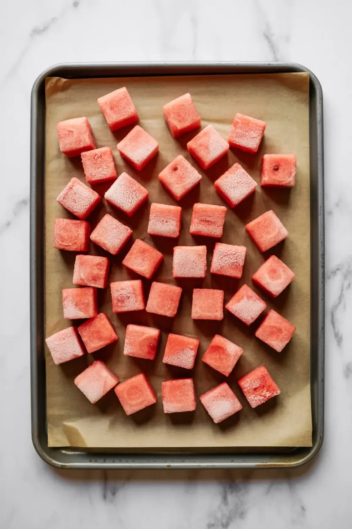 Flat lay of evenly spaced frozen watermelon cubes on a parchment-lined baking tray, ready for blending into homemade watermelon sorbet.
