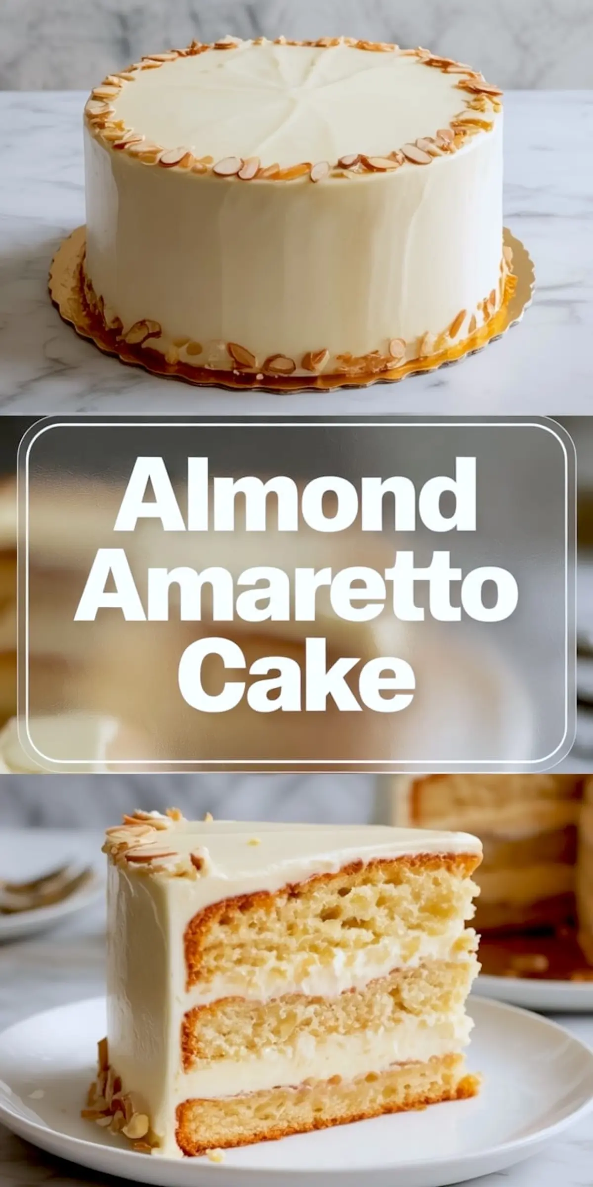 Vertical collage shows a frosted almond amaretto layer cake topped with sliced almonds, bold “Almond Amaretto Cake” title text, and a close-up slice revealing moist almond sponge layers with creamy amaretto buttercream filling.