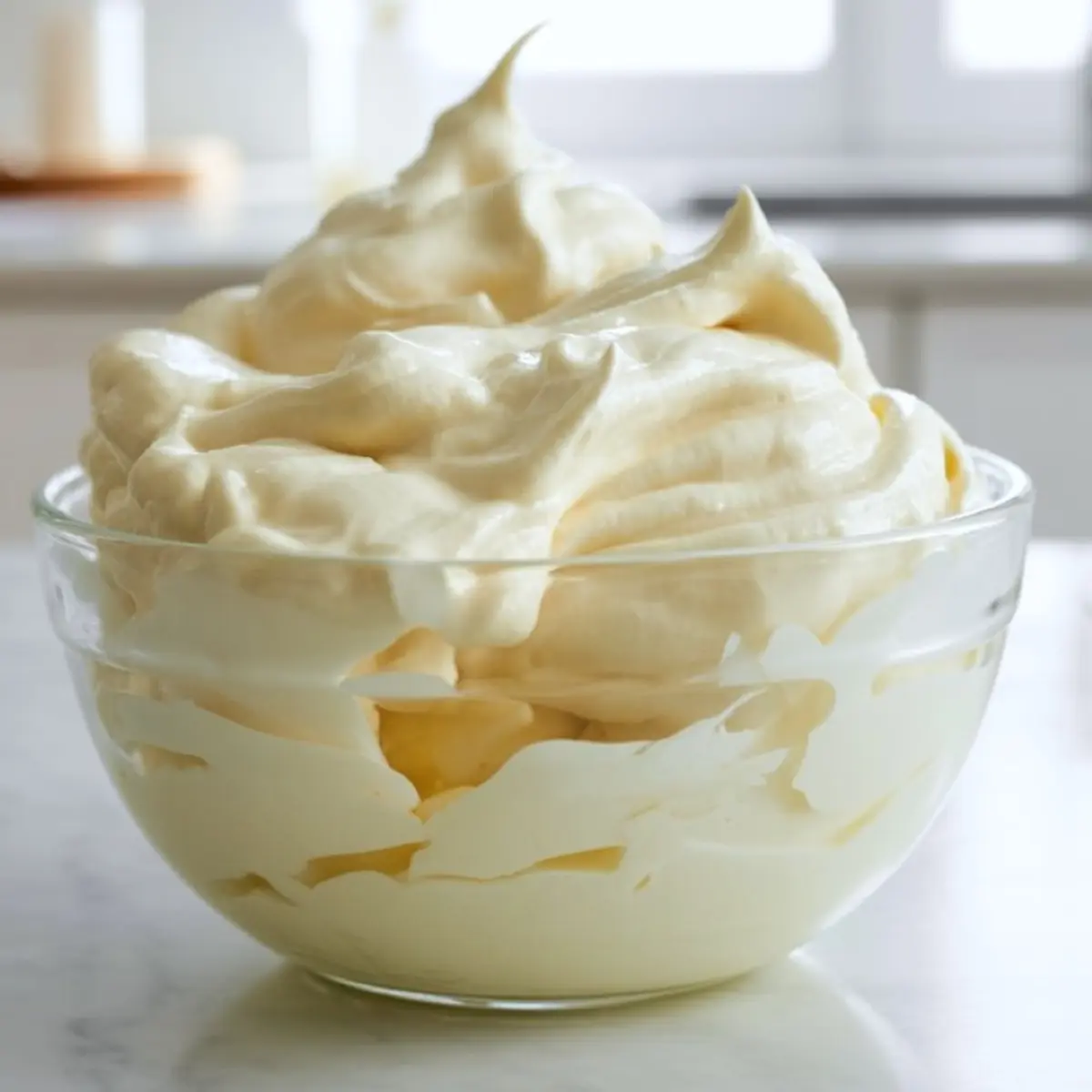 Fluffy vanilla almond buttercream sits in a clear glass bowl with soft peaks and smooth texture, styled on a light marble surface for cake frosting and cupcake decorating.