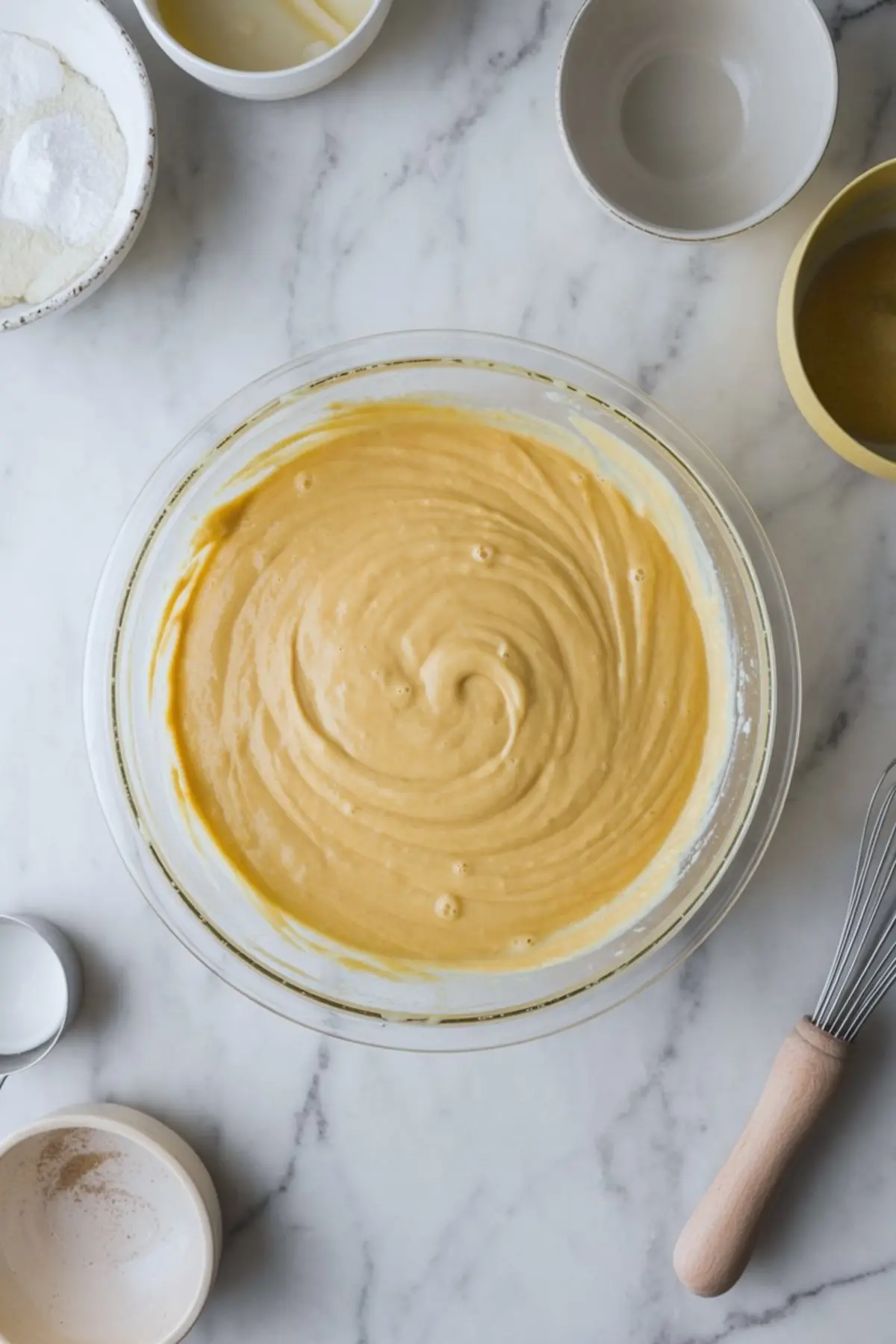Smooth almond cake batter swirls in a glass mixing bowl surrounded by baking ingredients on a marble counter, showing whisk, eggs, sugar, and bowls prepared for homemade amaretto cake.