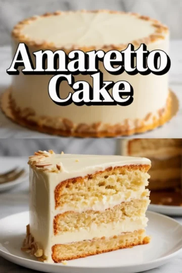 Vertical collage displays a frosted amaretto cake with sliced almond topping, bold “Amaretto Cake” text overlay, and a plated slice showing tender almond sponge layers with creamy filling.
