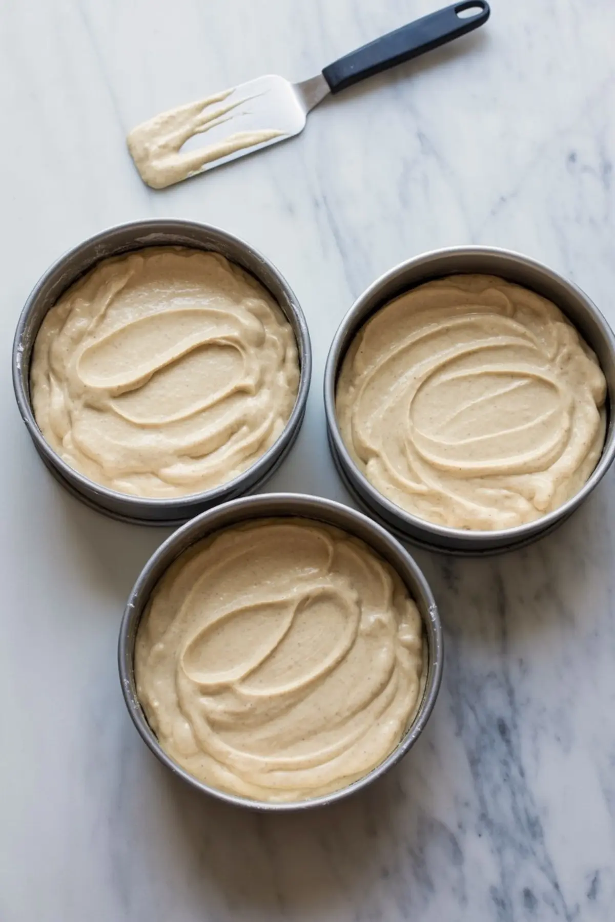Three round cake pans hold evenly spread almond cake batter on a marble surface, with an offset spatula nearby, showing preparation for baking layered amaretto cake.