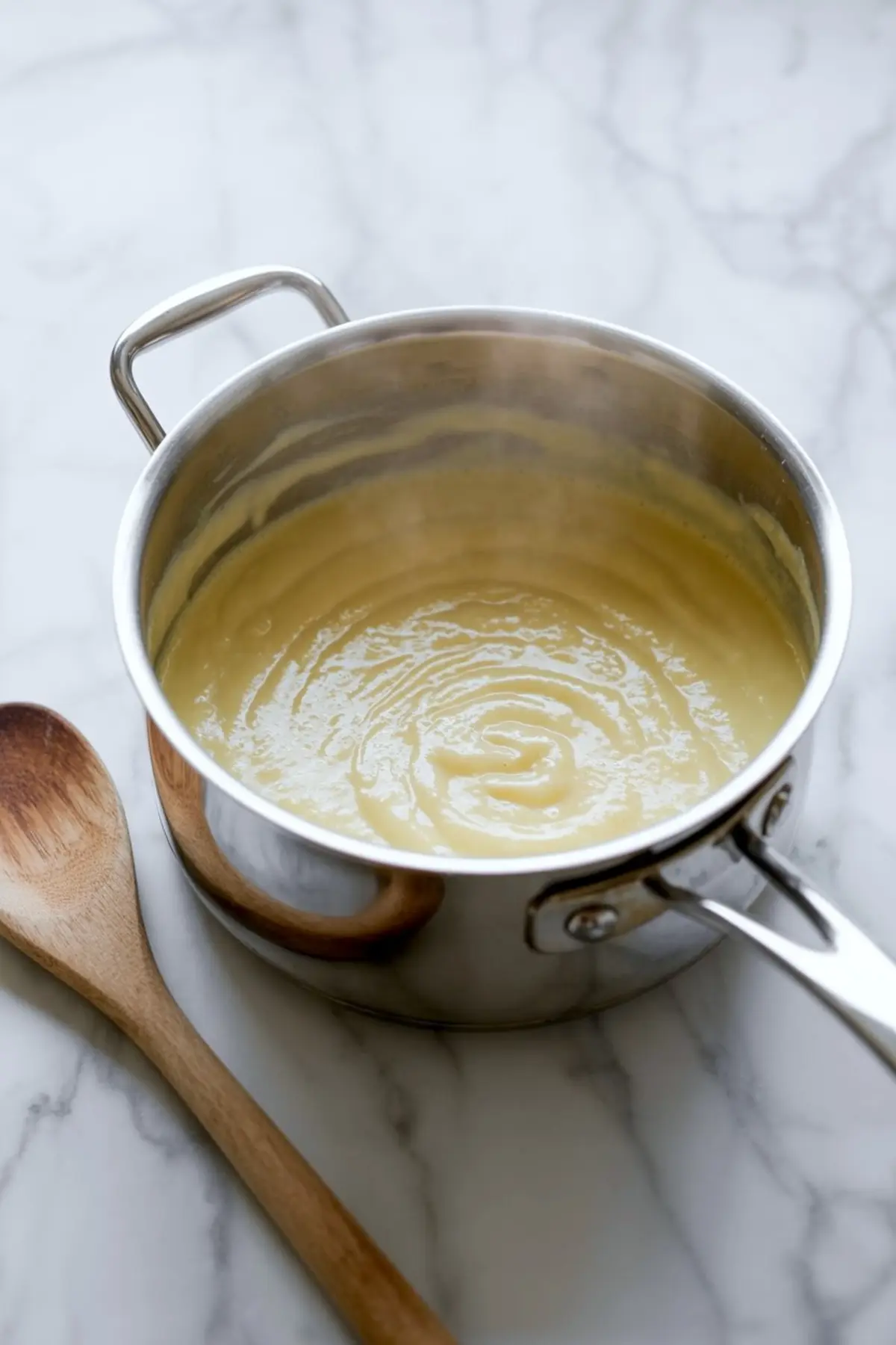 Thick vanilla custard or amaretto pastry cream cooks in a stainless steel saucepan with a wooden spoon beside it, showing smooth texture for cake filling on a marble countertop.