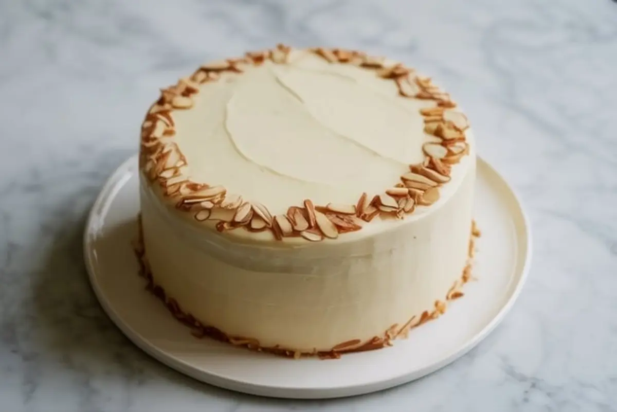 Almond amaretto layer cake with smooth vanilla buttercream frosting and sliced almond border sits on a white cake stand, showing clean frosted sides and elegant homemade celebration cake styling on a marble background.