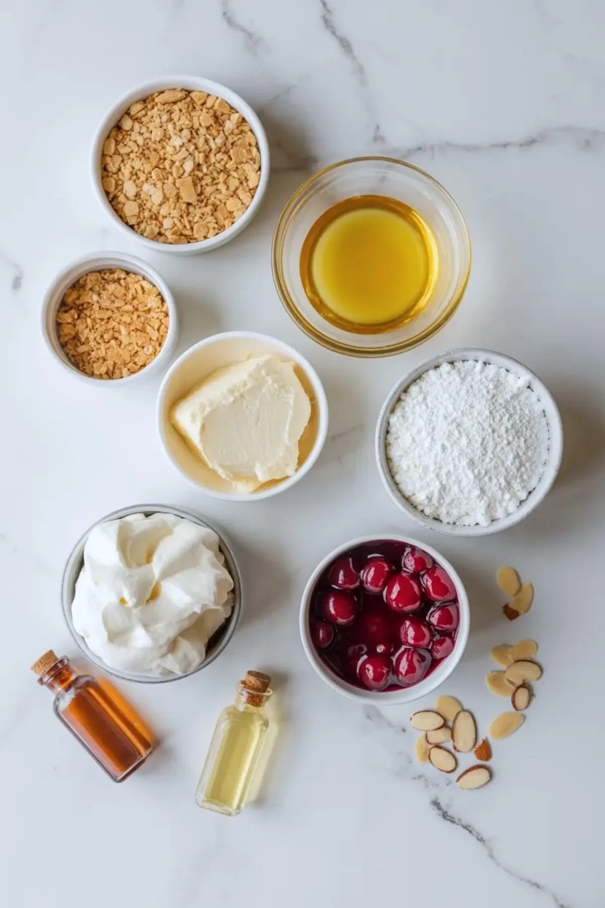 Creamy vanilla filling in a glass bowl for no-bake almond cherry dream bars on a white marble surface.
