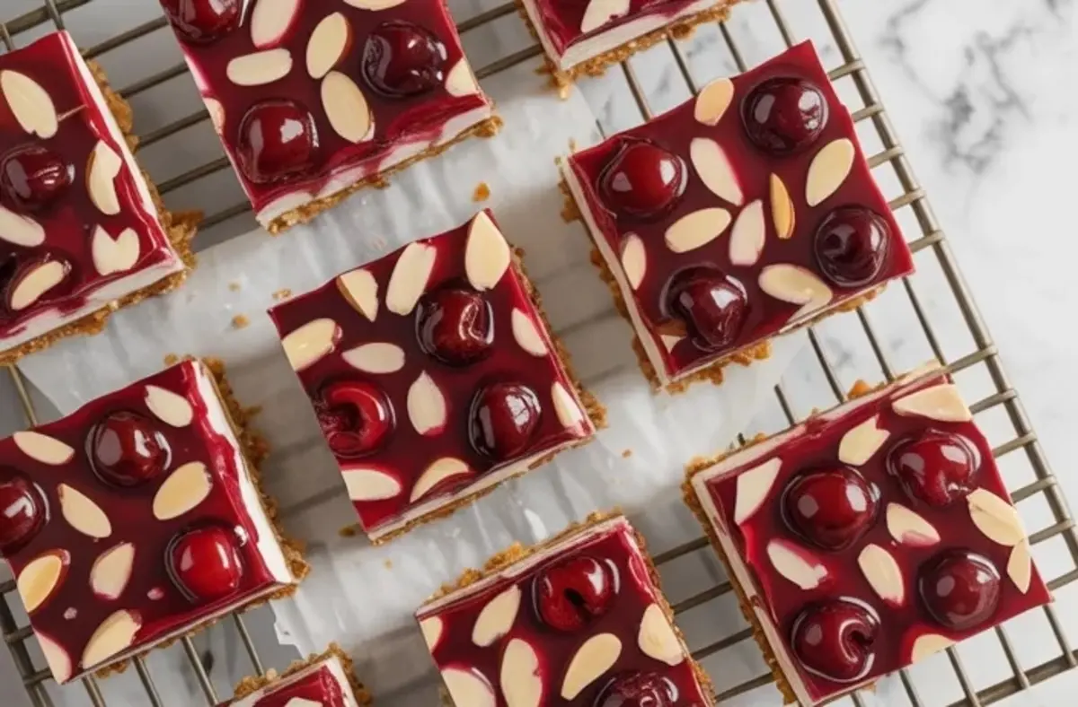 Close view of a no-bake almond cherry dream bar showing the crumb base, creamy center, almonds, and glossy cherry topping.