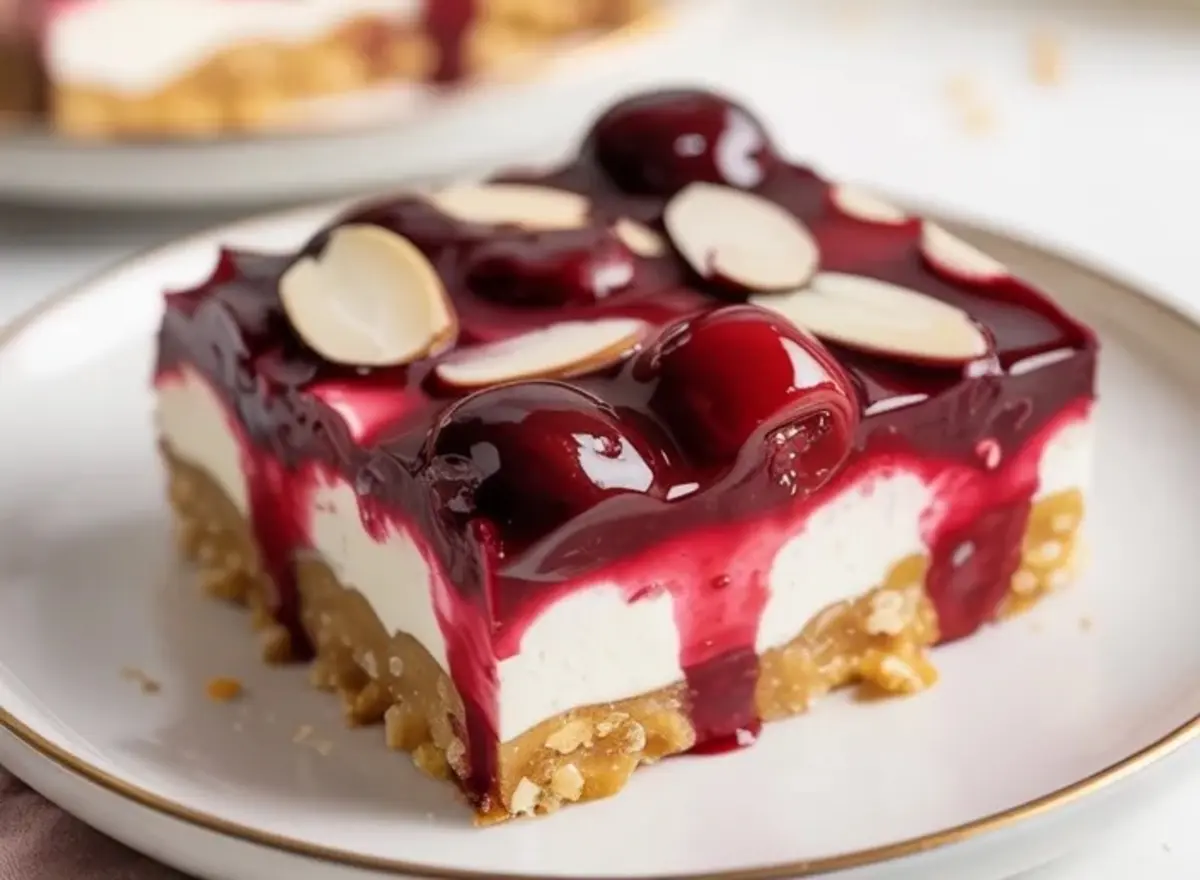 Single plated no-bake almond cherry dream bar topped with glossy cherries and sliced almonds.