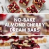 No-bake almond cherry dream bars arranged on a white plate, showing glossy cherry topping, sliced almonds, and creamy layered centers from above.
