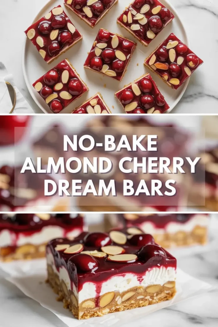 No-bake almond cherry dream bars arranged on a white plate, showing glossy cherry topping, sliced almonds, and creamy layered centers from above.