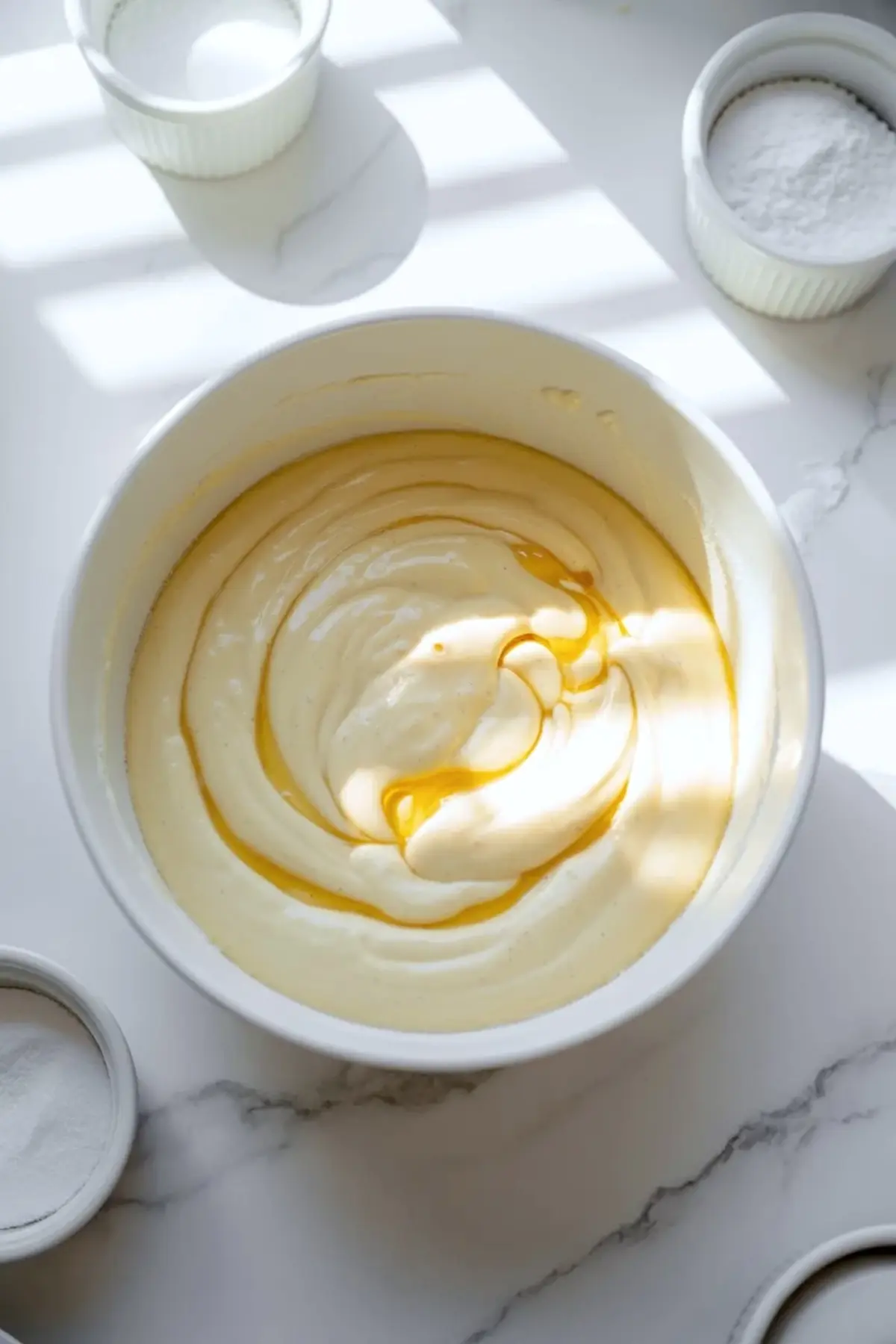 Apple coffee cake batter in a white mixing bowl with sour cream and vanilla being swirled in before baking.