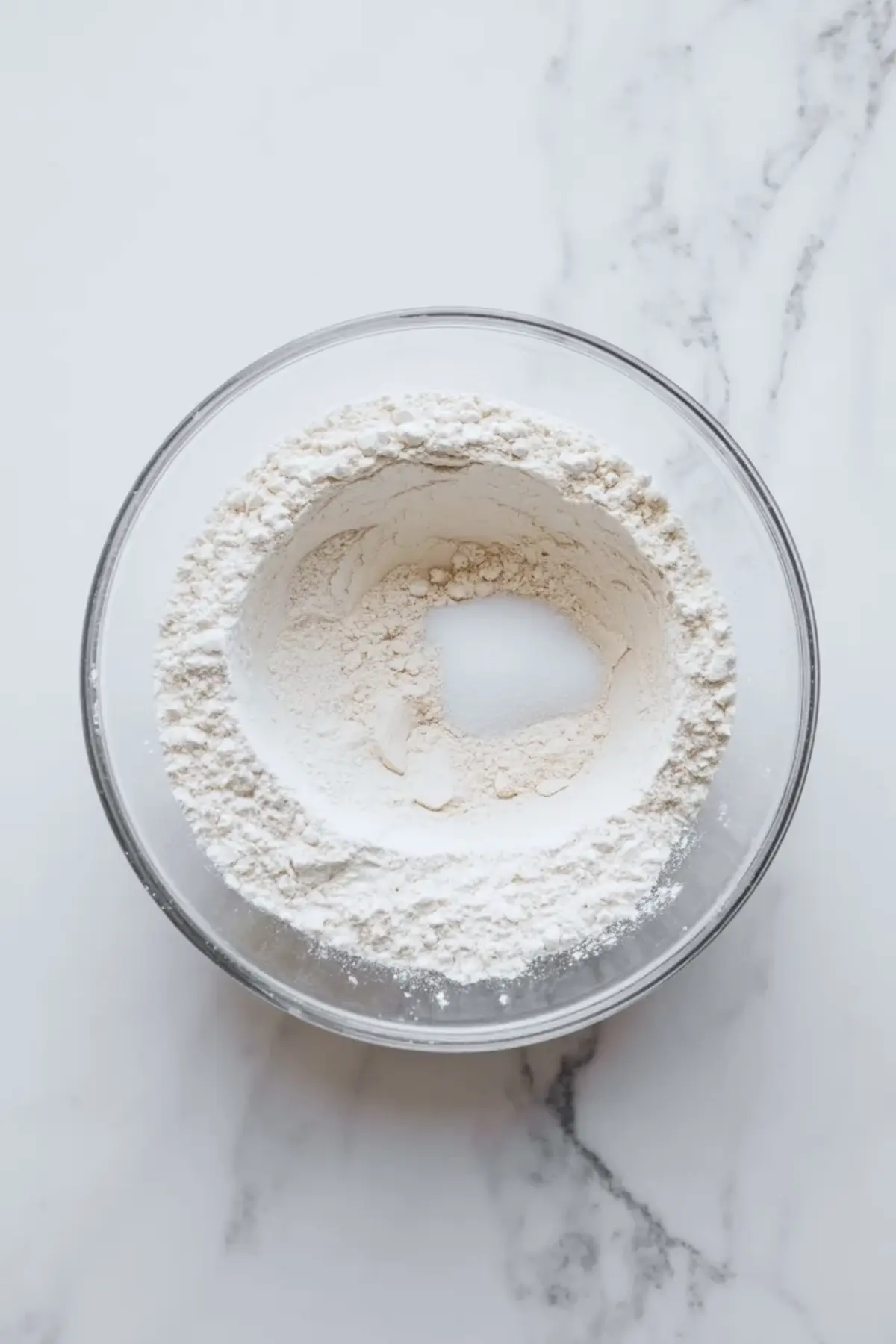 Flour and leavening whisked together in a glass bowl for apple coffee cake batter.