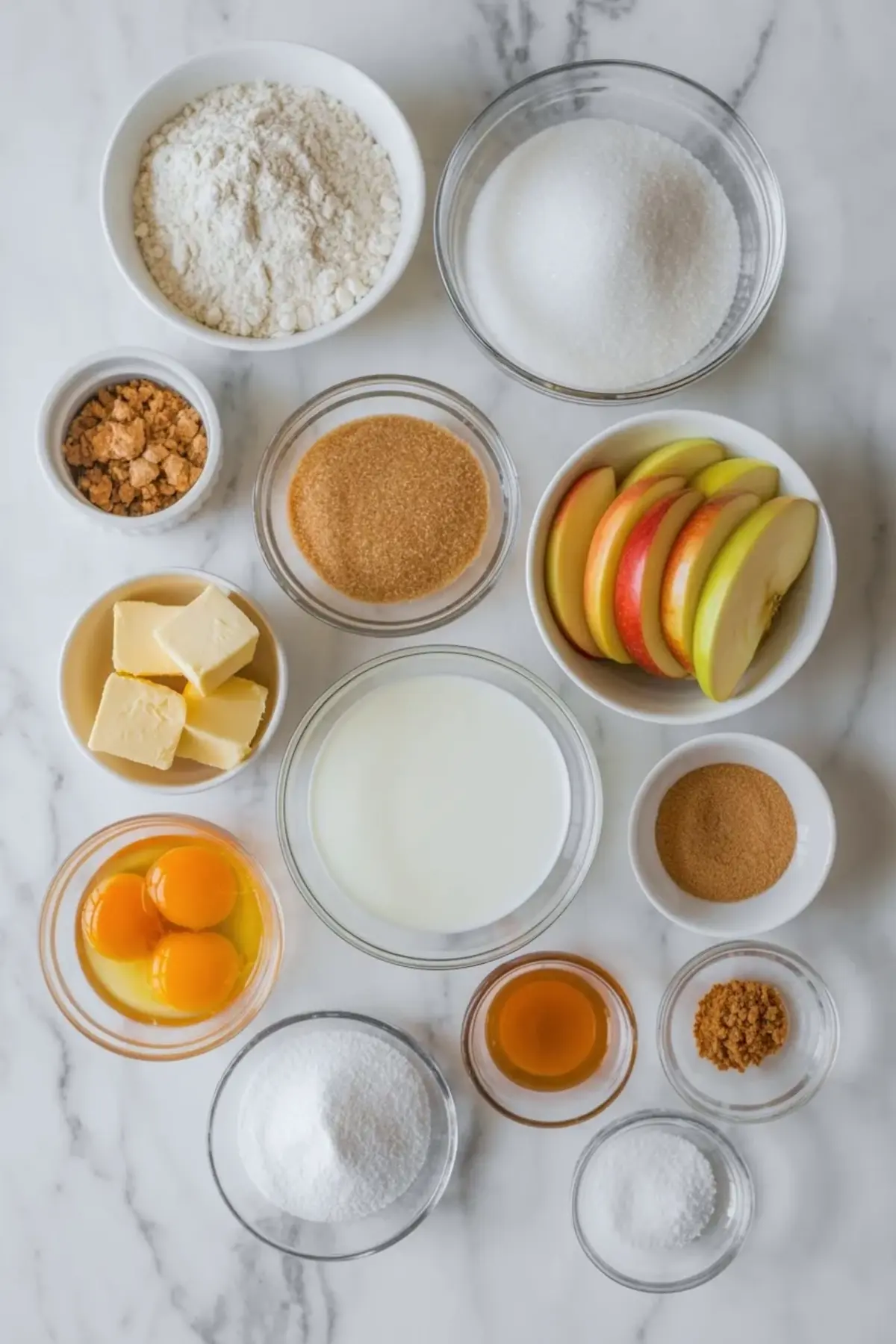 Measured ingredients for apple coffee cake arranged on a white marble surface with apples, flour, sugar, butter, eggs, milk, and cinnamon.