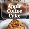 Slice of apple coffee cake topped with cinnamon streusel and baked apple slices on a white plate.