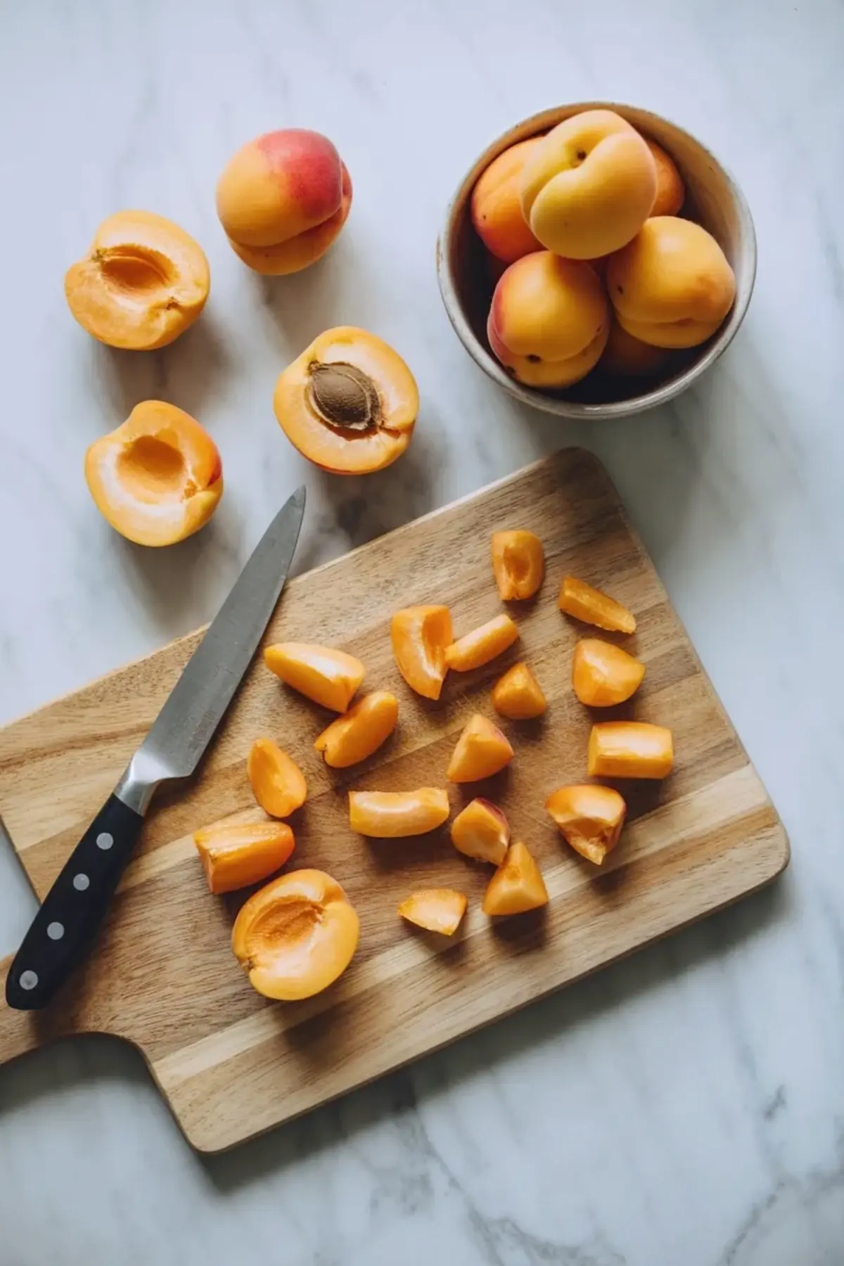 Fresh apricots sit on a cutting board with chopped apricot pieces and a knife for homemade apricot jam.