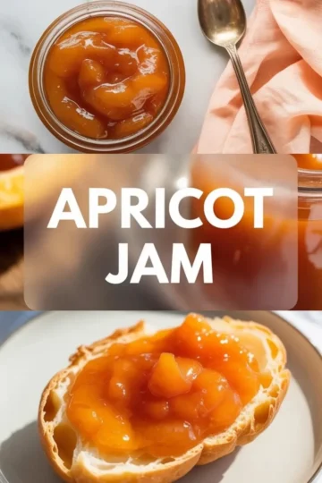 A jar of apricot jam sits on a marble surface beside a spoon and peach cloth, showing the glossy fruit texture.