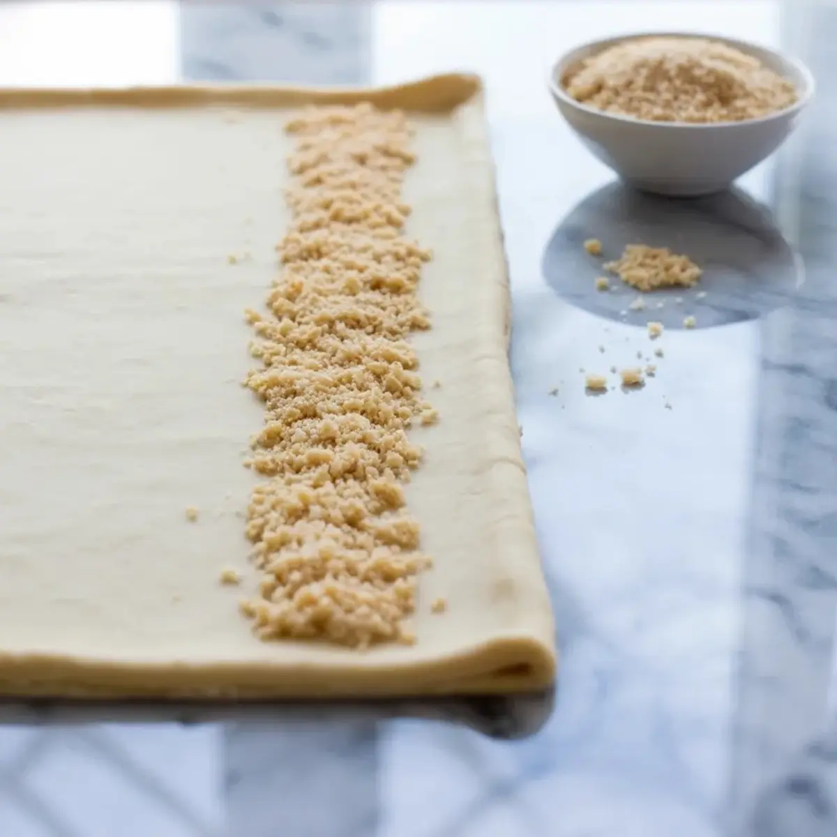 Breadcrumbs scattered down the center of a phyllo pastry sheet, showing the first layer for building banana strudel.