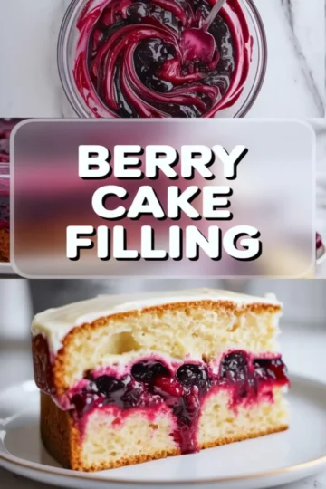 Berry cake filling collage with a bowl of glossy mixed berry filling and a vanilla cake slice layered with berry filling.