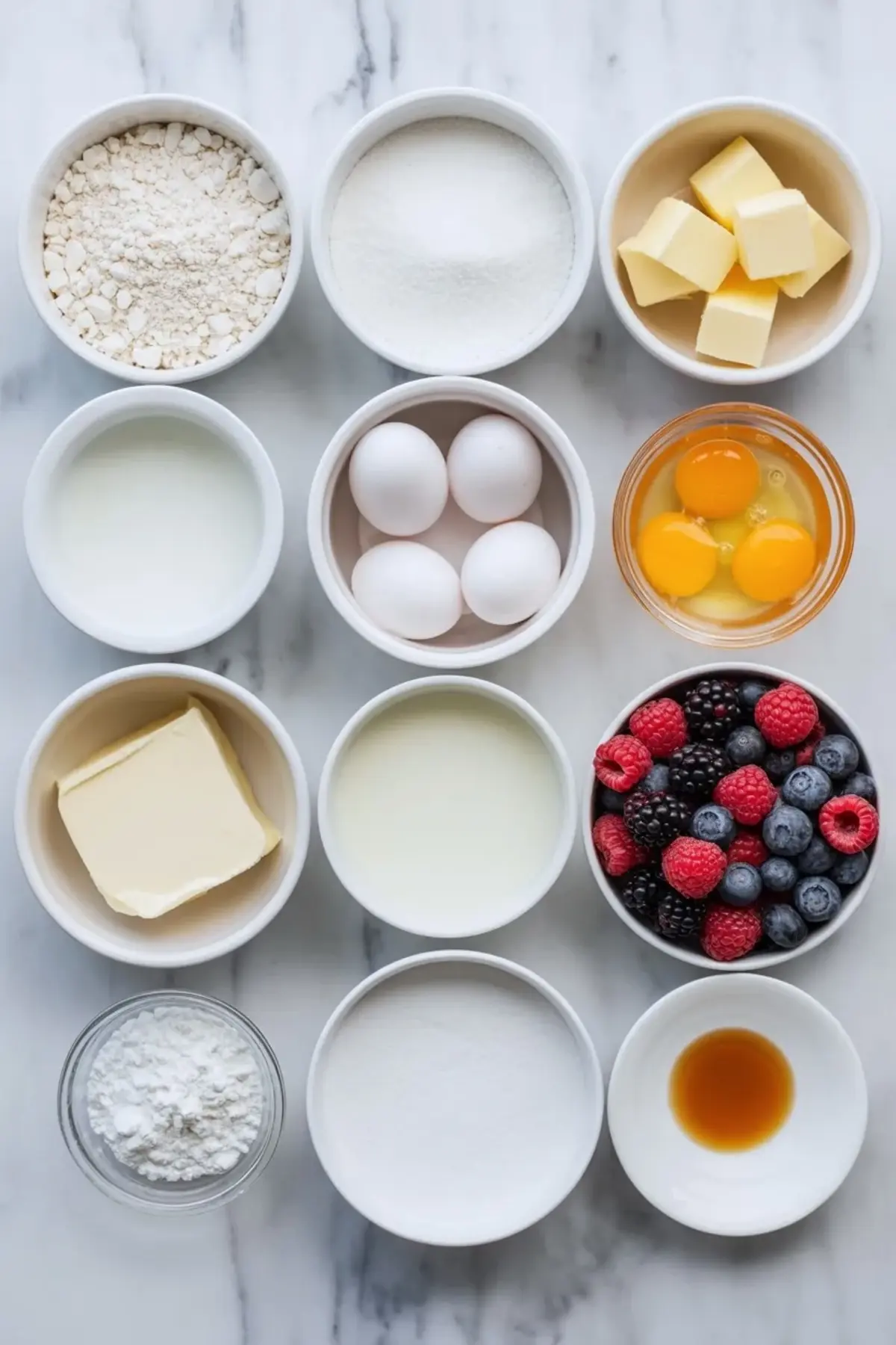 Ingredients for berry chantilly cake arranged in bowls with flour, sugar, butter, eggs, milk, mixed berries, powdered sugar, and vanilla on a marble surface.