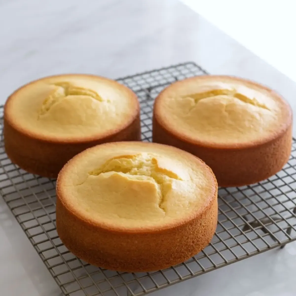 Three baked vanilla cake layers for berry chantilly cake cool on a wire rack before filling and frosting.