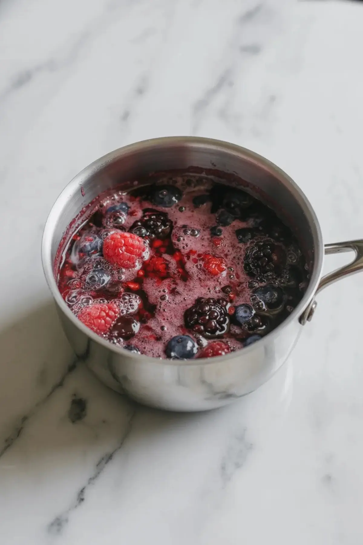 Mixed berries simmer in a saucepan to make the glossy berry filling for berry chantilly cake.