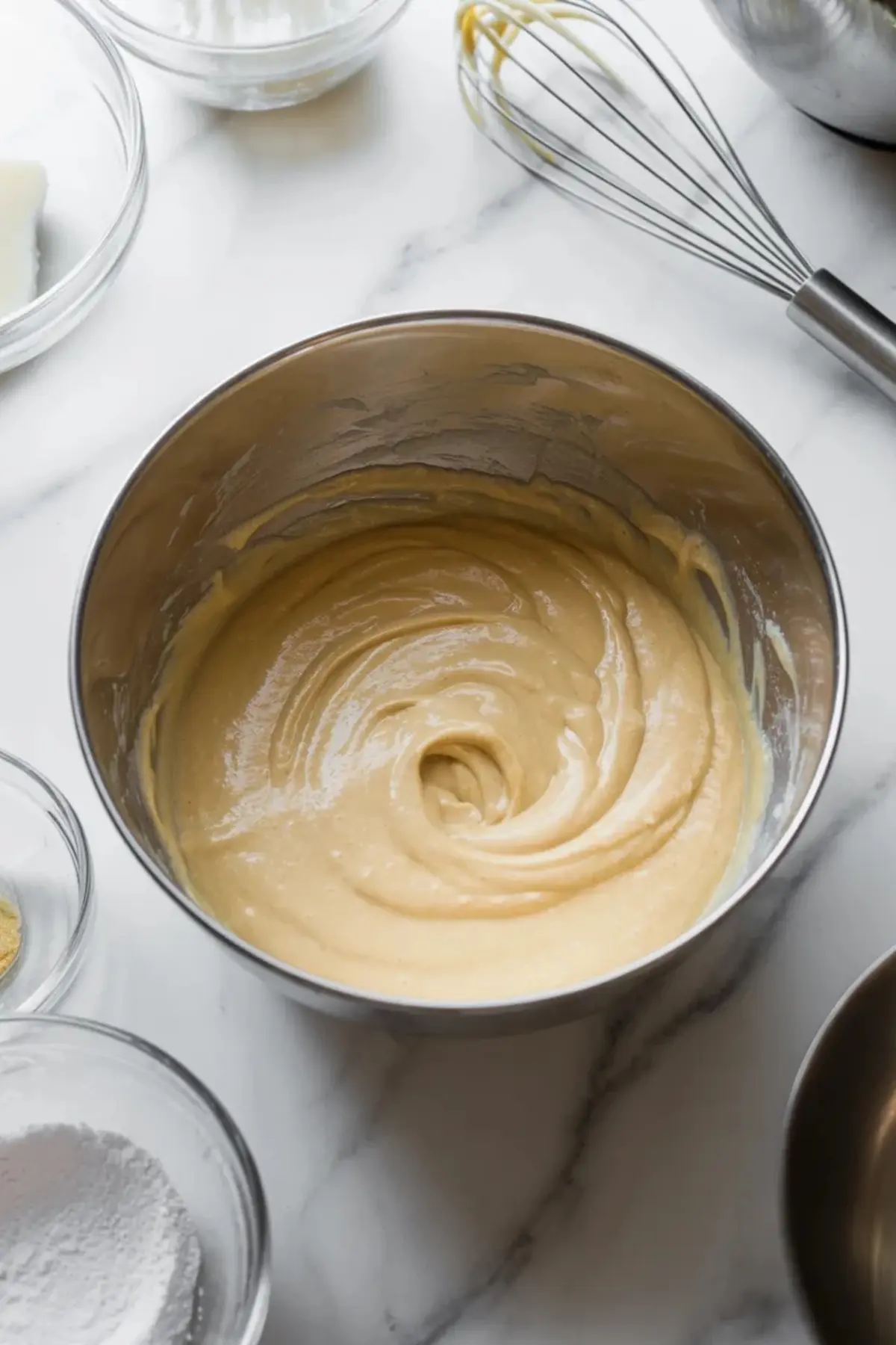 Chantilly frosting for berry chantilly cake whipped in a metal bowl until smooth and creamy.