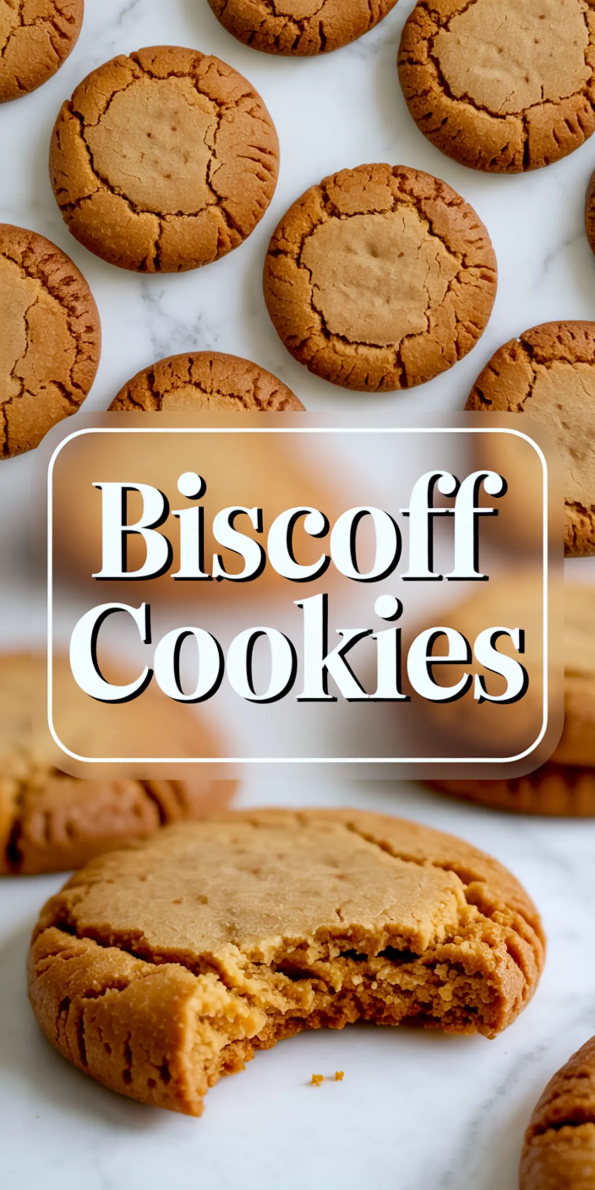 Golden brown Biscoff cookies fill the background while a bitten Biscoff cookie shows a soft cookie center and bold text reads Biscoff Cookies in a recipe pin style image.
