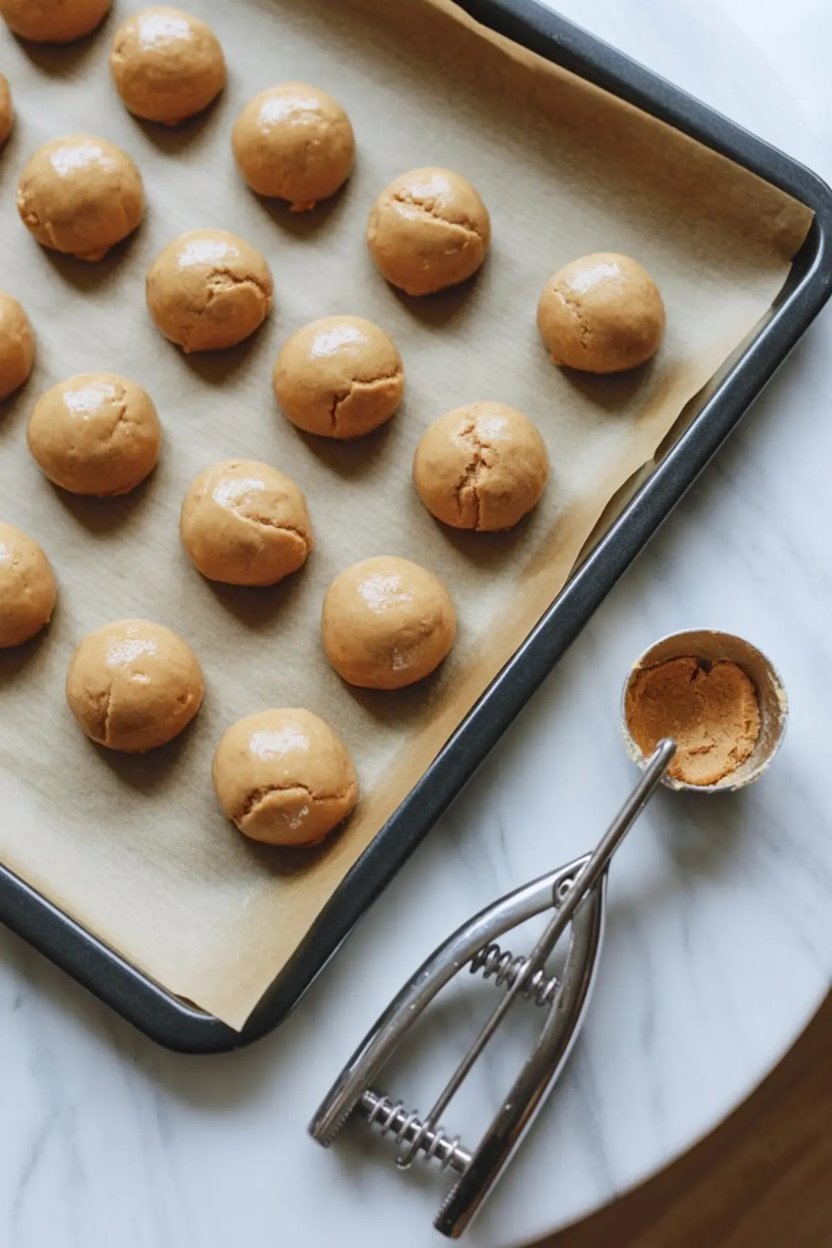 Biscoff cookie dough balls sit on a parchment lined baking sheet on a marble counter while a metal cookie scoop holds creamy Biscoff cookie dough for homemade cookie baking.
