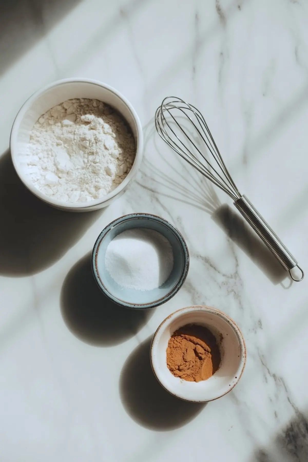 Bowls hold flour, sugar, and Biscoff cookie spread powder on a marble surface while a metal whisk sits beside the baking ingredients for Biscoff cookies.
