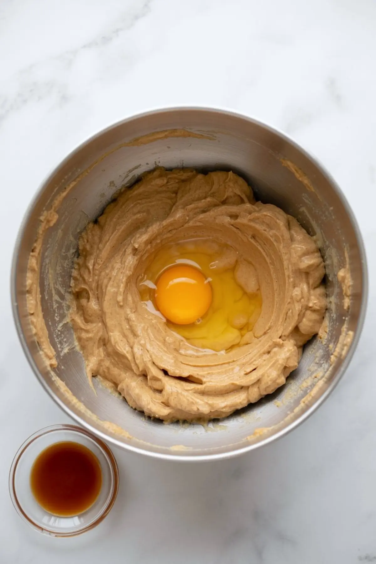 A metal mixing bowl holds creamy Biscoff cookie dough with a cracked egg in the center while a small bowl of vanilla extract sits beside the bowl on a marble counter.
