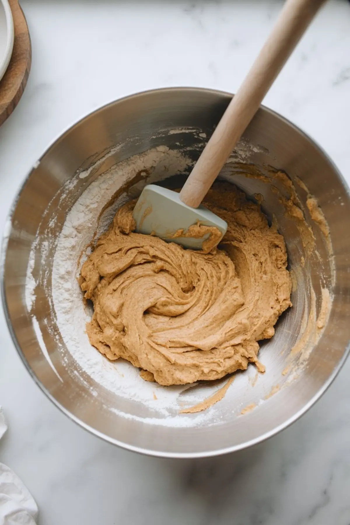 A spatula mixes thick Biscoff cookie dough inside a metal mixing bowl while flour coats the sides of the bowl during cookie dough preparation.
