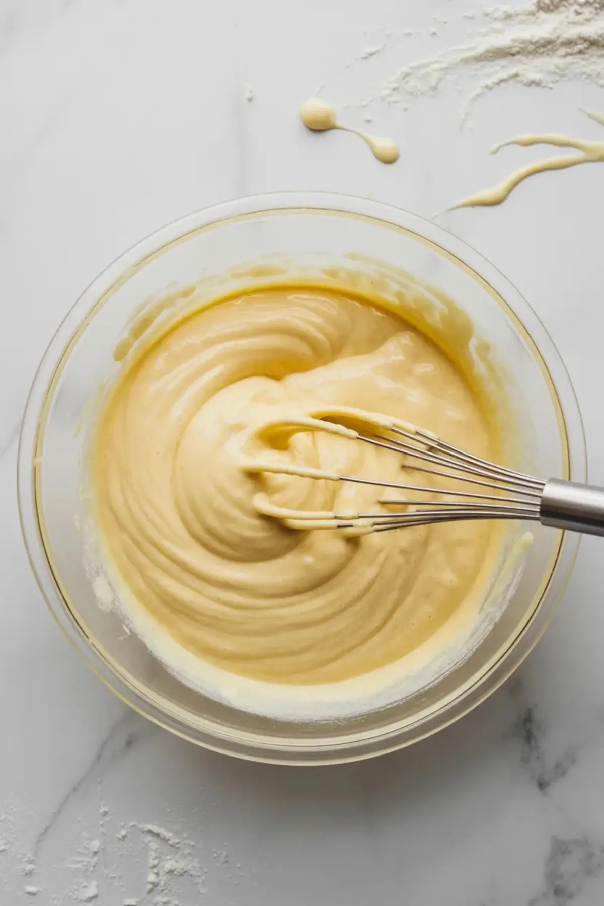 Metal whisk mixes thick vanilla coffee cake batter in a glass bowl on a white marble surface with small drops of batter and flour around the bowl during baking preparation.
