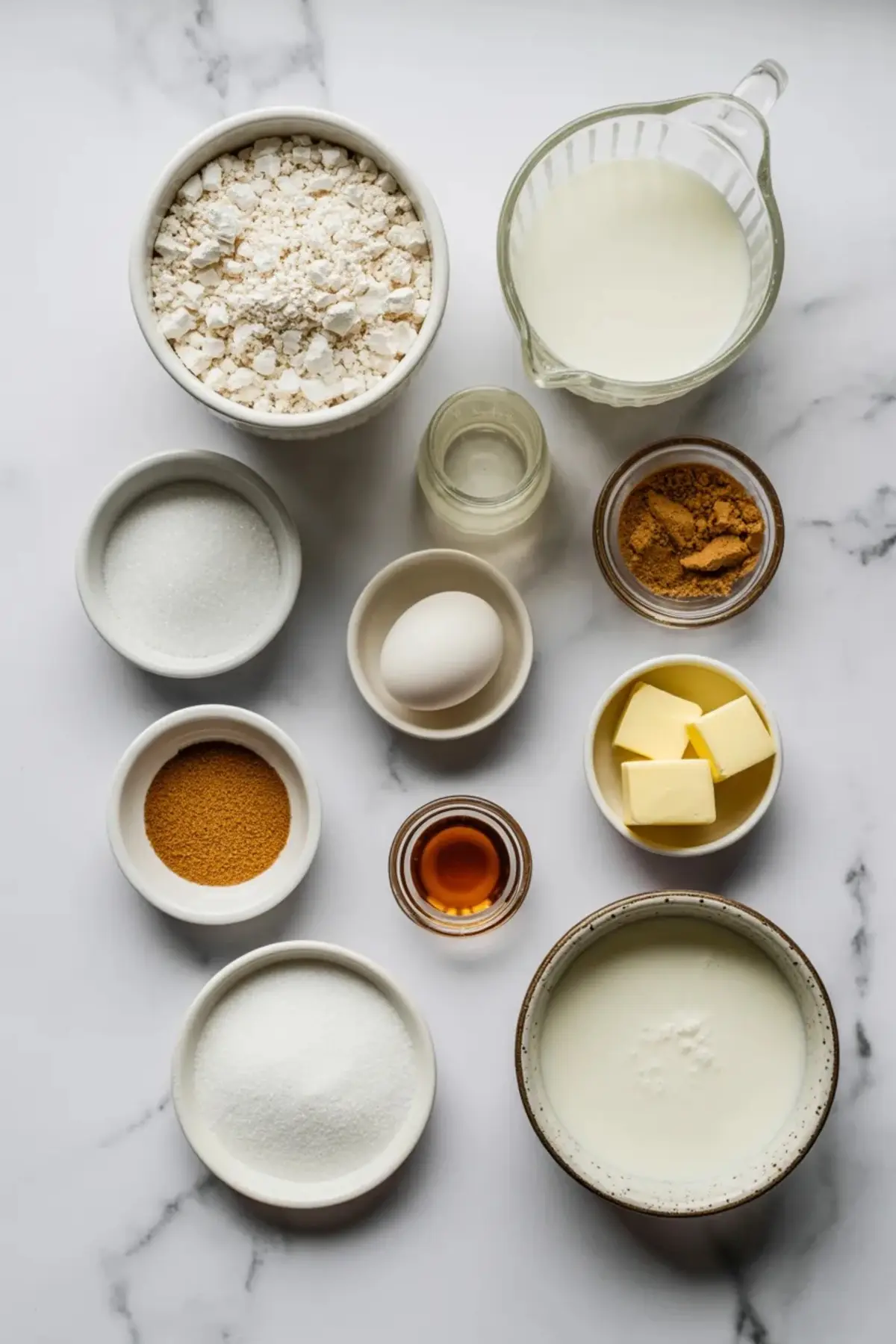 Measured coffee cake ingredients sit in small bowls on a white marble surface including flour, milk, egg, butter cubes, white sugar, brown sugar, cinnamon, vanilla extract, and oil for a Bisquick coffee cake recipe.
