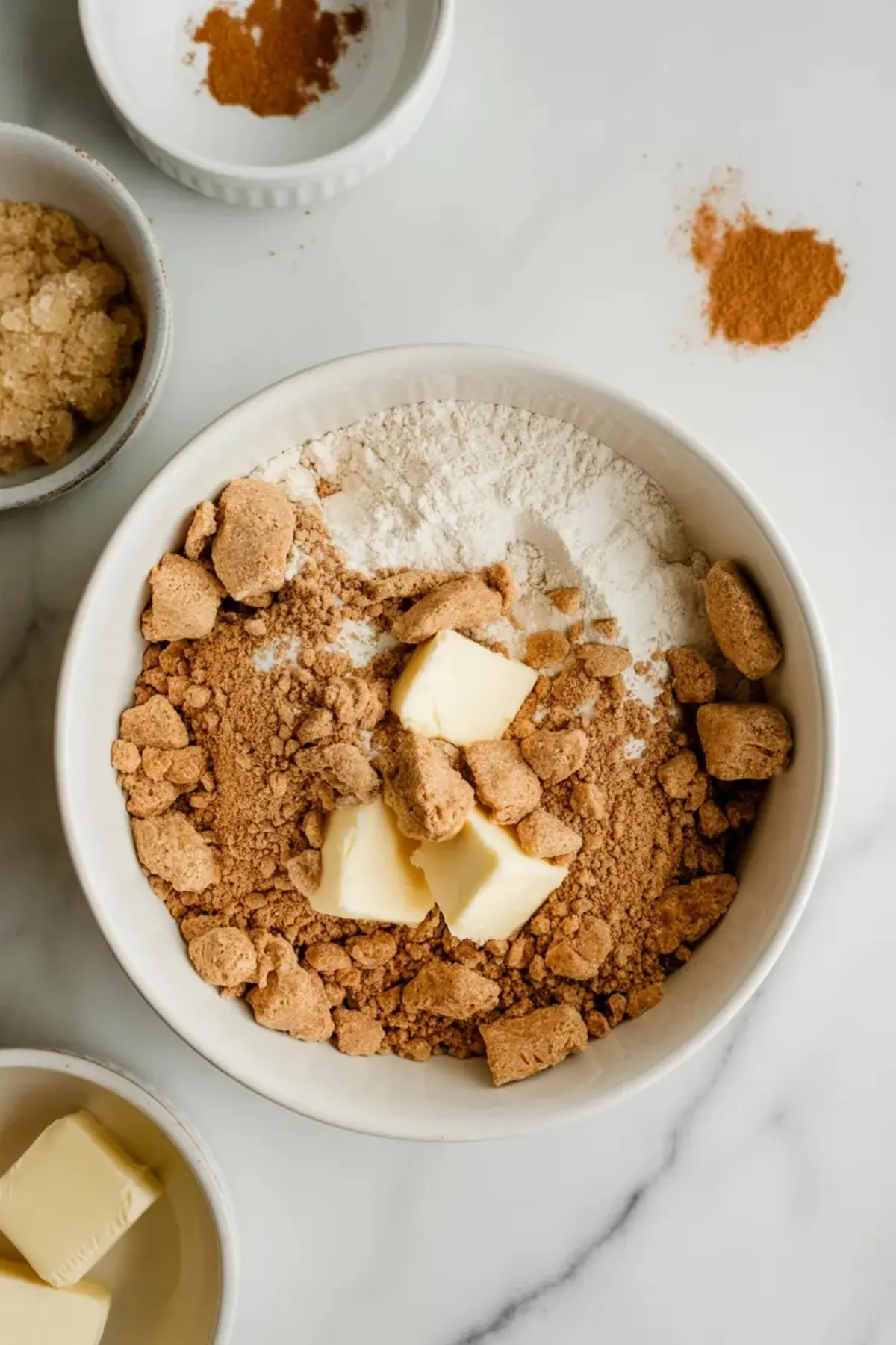 Bowl holds flour, brown sugar crumbles, cinnamon, and butter pieces for streusel topping while small bowls of cinnamon and brown sugar sit nearby on a white marble countertop.
