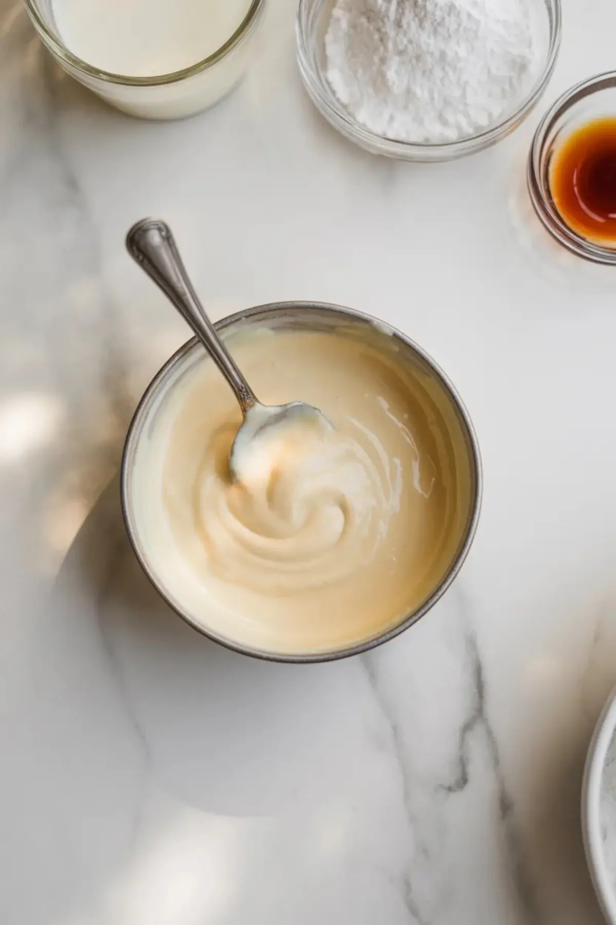 Spoon stirs smooth vanilla coffee cake batter in a metal bowl with small bowls of milk, powdered sugar, and vanilla extract arranged around the bowl on a marble surface.
