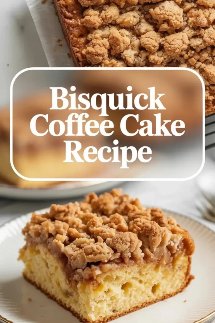 Vertical collage shows close view of crumb topped Bisquick coffee cake in a baking pan, bold text “Bisquick Coffee Cake Recipe,” and a square slice of moist coffee cake with cinnamon streusel on a white plate.
