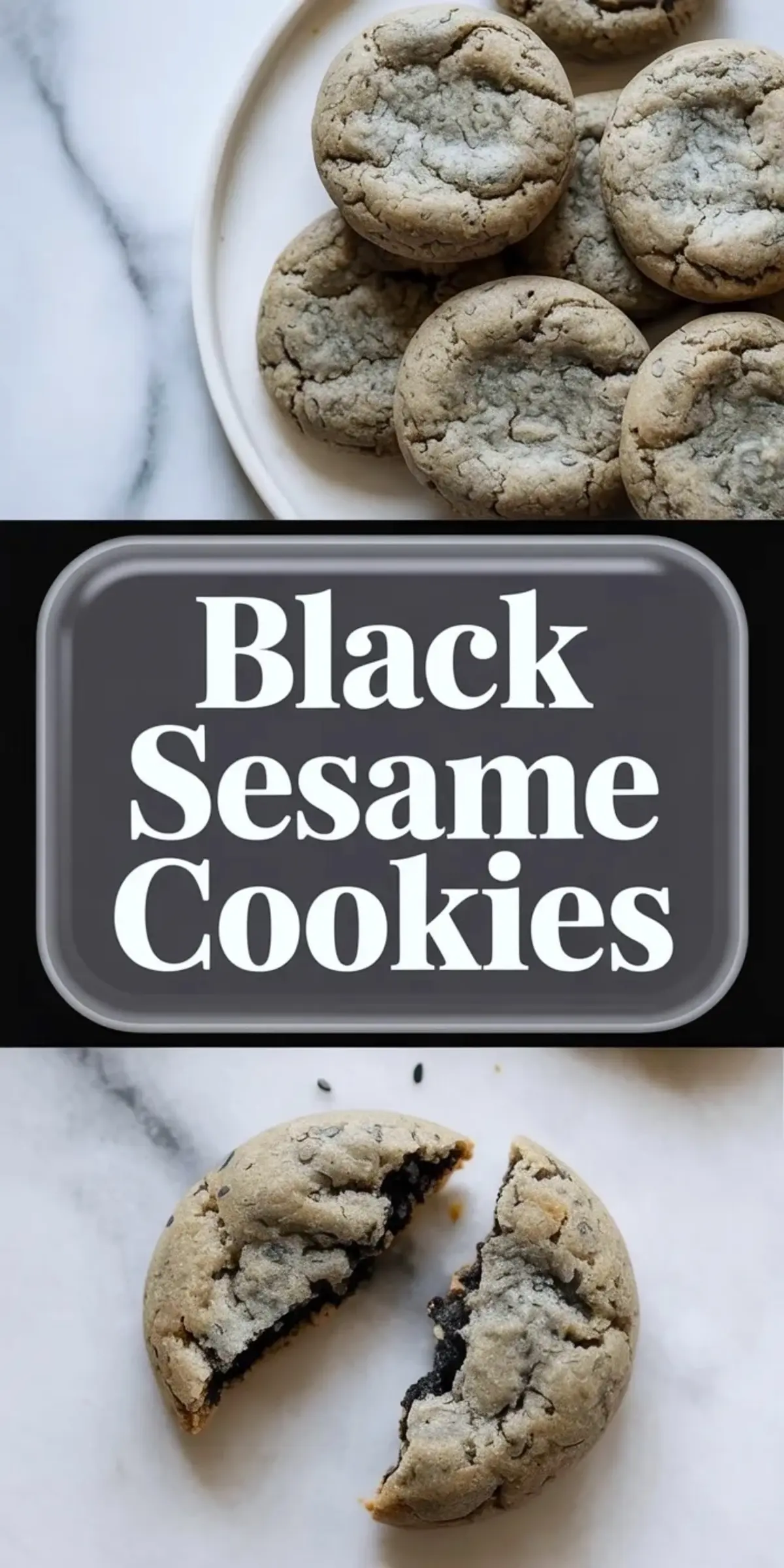 Collage shows a plate of baked black sesame cookies, bold title text black sesame cookies, and a split cookie that reveals dark sesame filling and soft cookie crumb on a marble background.
