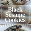 Collage shows round black sesame cookies with cracked tops on a cooling rack, title text black sesame cookies, and a close view of a cookie broken open to show dense black sesame filling and tender cookie interior.