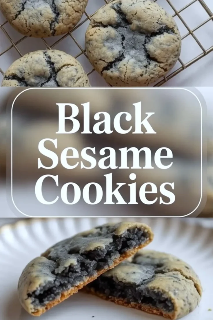 Collage shows round black sesame cookies with cracked tops on a cooling rack, title text black sesame cookies, and a close view of a cookie broken open to show dense black sesame filling and tender cookie interior.