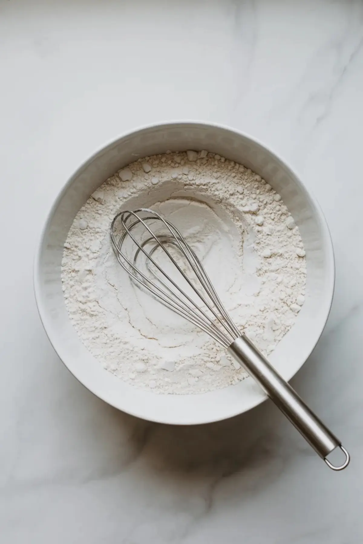 White bowl holds flour with a metal whisk resting inside on a marble surface, showing simple baking ingredients used to make homemade black sesame cookies.
