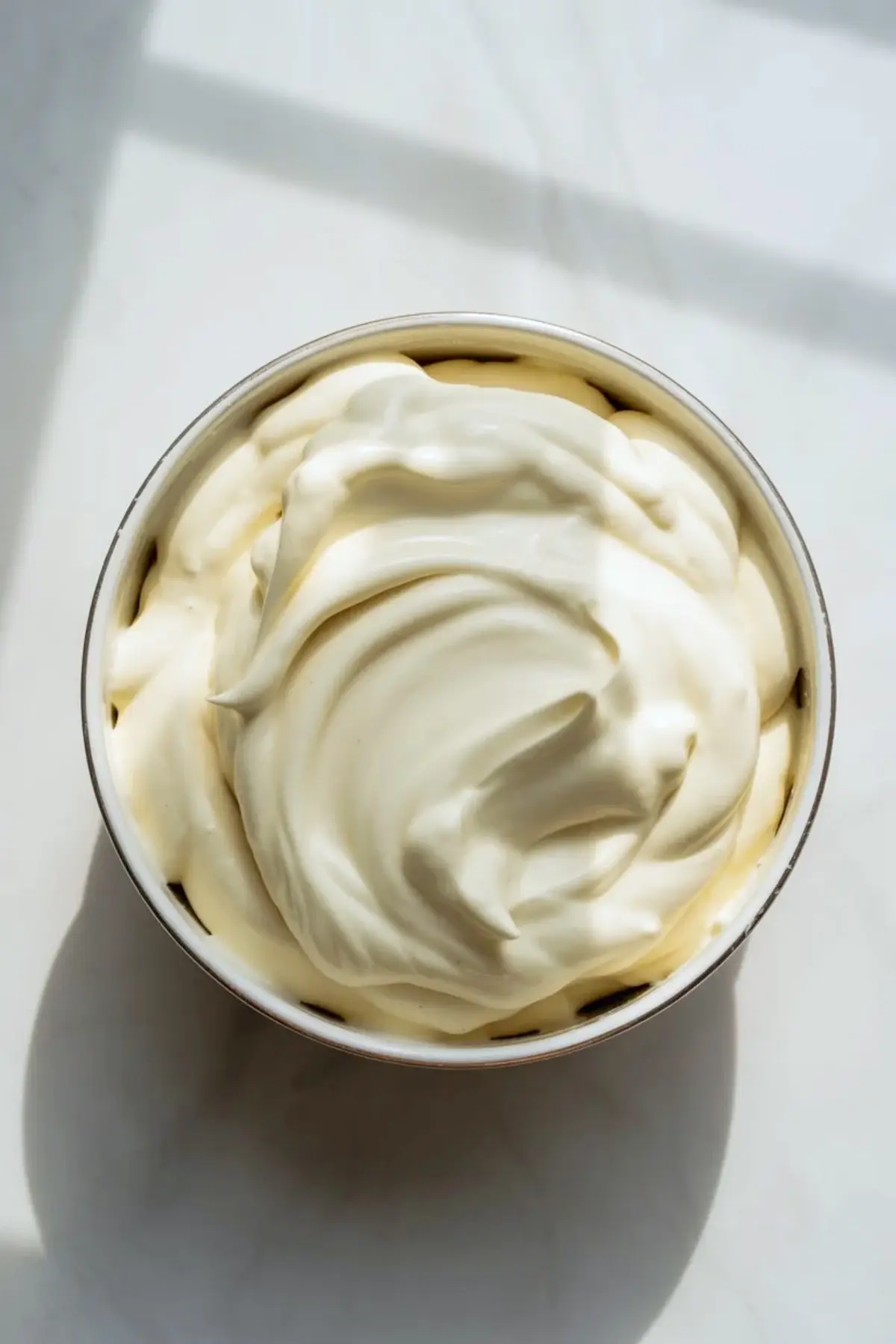 A bowl holds smooth whipped cream cheese mixture with soft peaks, showing creamy cheesecake filling used for blueberry cheesecake cookies.
