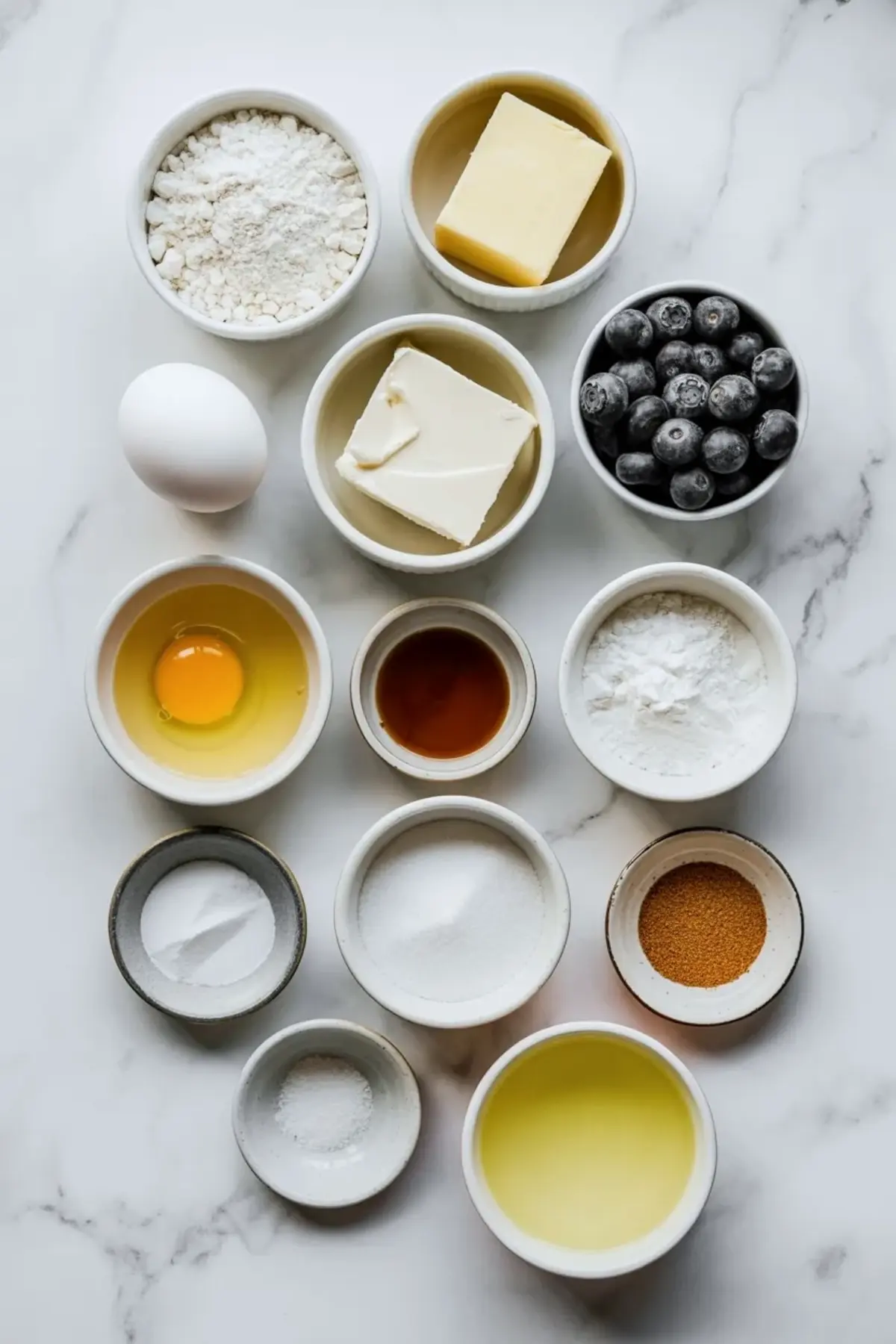 Small bowls hold baking ingredients including flour, butter, cream cheese, egg, blueberries, vanilla, sugar, and oil arranged on a marble surface for blueberry cheesecake cookie recipe.
