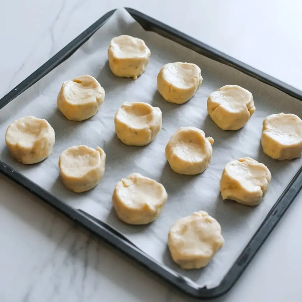 Hands place small cookie dough cups with cream cheese filling on a parchment lined baking sheet, showing blueberry cheesecake cookie dough ready for baking on a marble kitchen counter.
