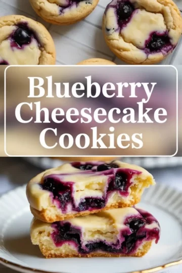 Vertical collage shows baked blueberry cheesecake cookies on a rack at the top, large text Blueberry Cheesecake Cookies in the center, and a stacked cookie with creamy cheesecake layer and blueberry filling at the bottom.