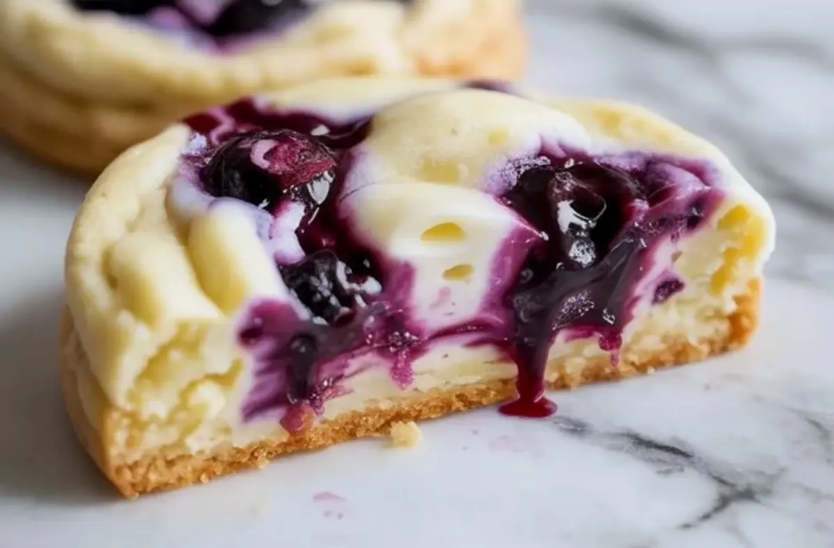 Close view shows a soft blueberry cheesecake cookie cut in half with creamy cheesecake layer and juicy blueberry filling over a golden cookie base.
