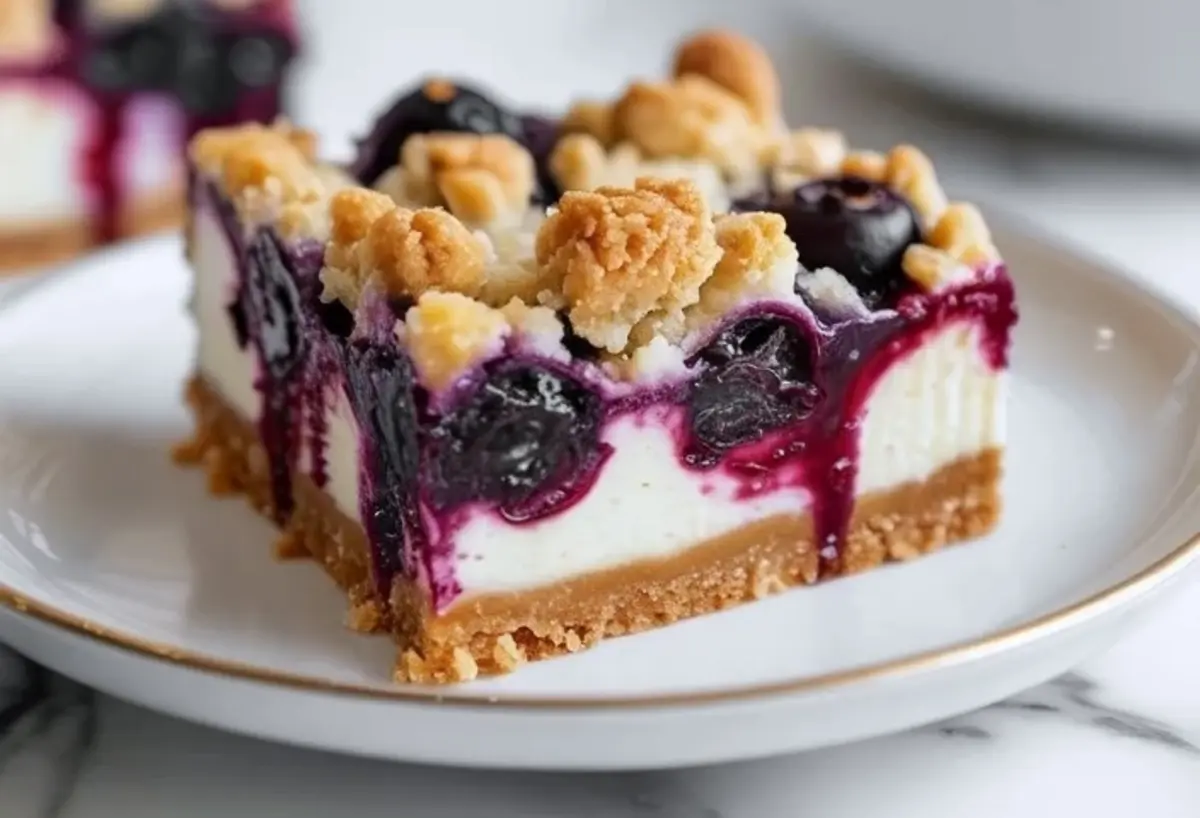Single blueberry cheesecake crumb bar on a plate showing the cream cheese layer, blueberry pockets, and crumb topping in close view.