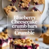 Blueberry cheesecake crumb bars with brown butter crumble shown on a plate and overhead with text overlay on a white marble background.