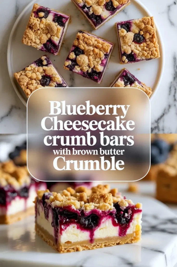 Blueberry cheesecake crumb bars with brown butter crumble shown on a plate and overhead with text overlay on a white marble background.