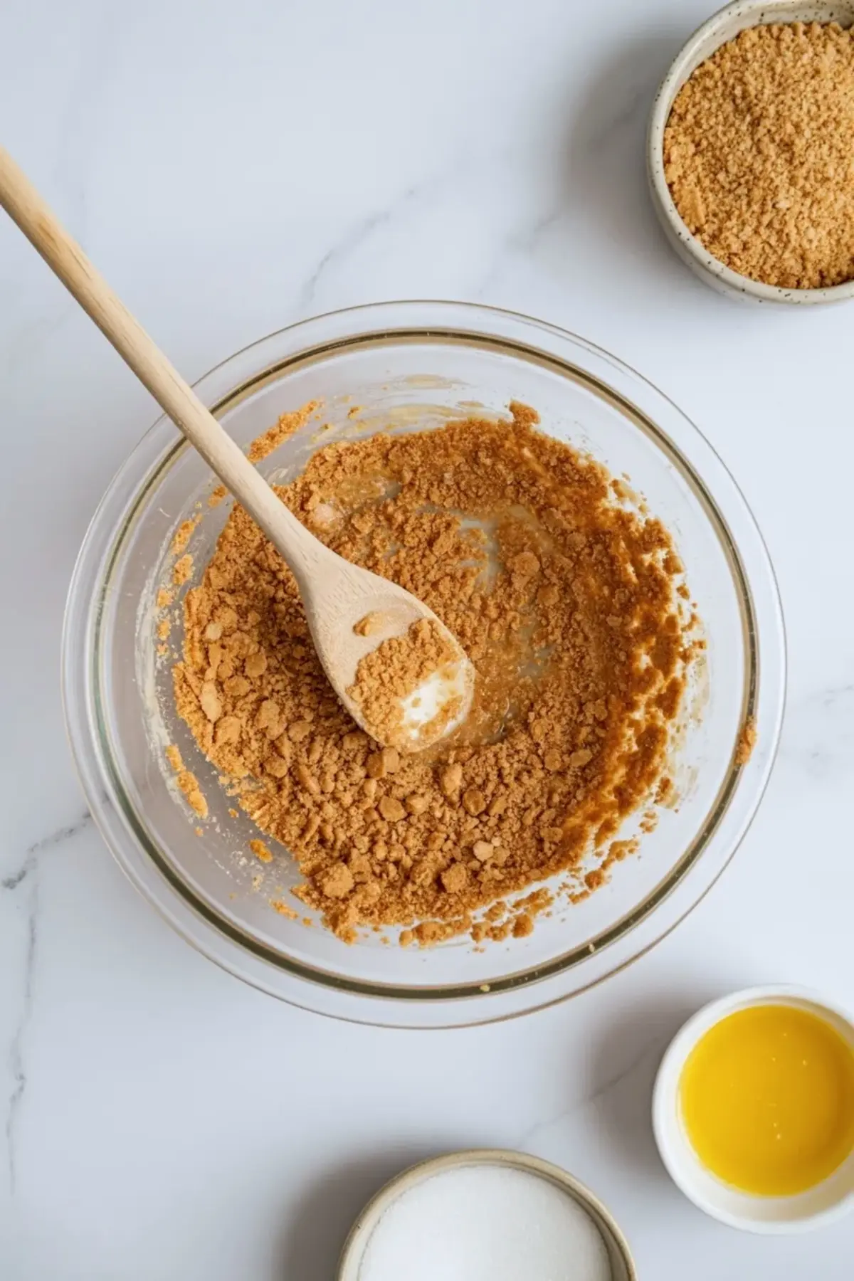 Graham cracker crust mixture for blueberry vanilla cheesecake icebox cake in a glass bowl with melted butter and sugar on a white marble surface.